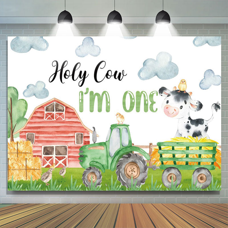 Lofaris Drawn Farm Barn Hay Holy Cow 1st Birthday Backdrop