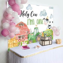 Lofaris Drawn Farm Barn Hay Holy Cow 1st Birthday Backdrop