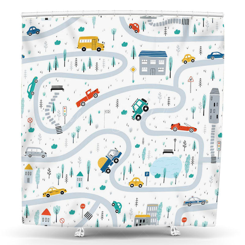 Lofaris Drawn Trees Various Cars City Roads Shower Curtain