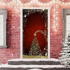 Lofaris Dull Red Golden Glitter Christmas Tree Door Cover