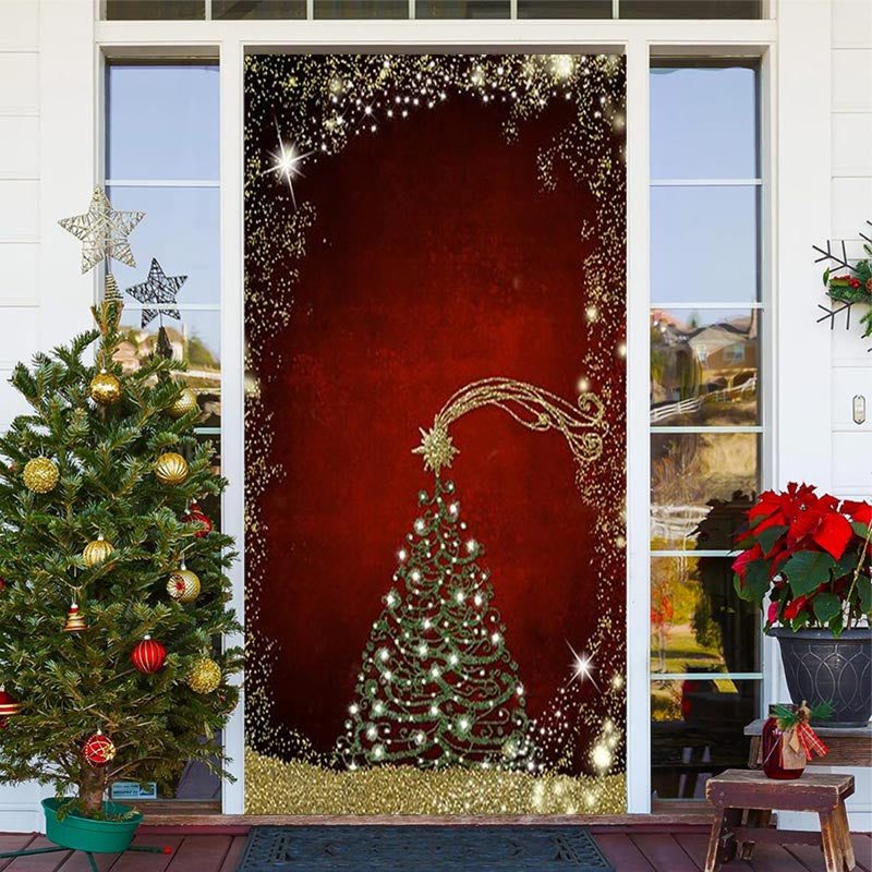 Lofaris Dull Red Golden Glitter Christmas Tree Door Cover