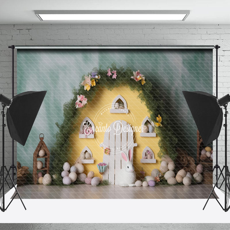 Lofaris Eggs Floral Grass Yellow Door Easter Photo Backdrop