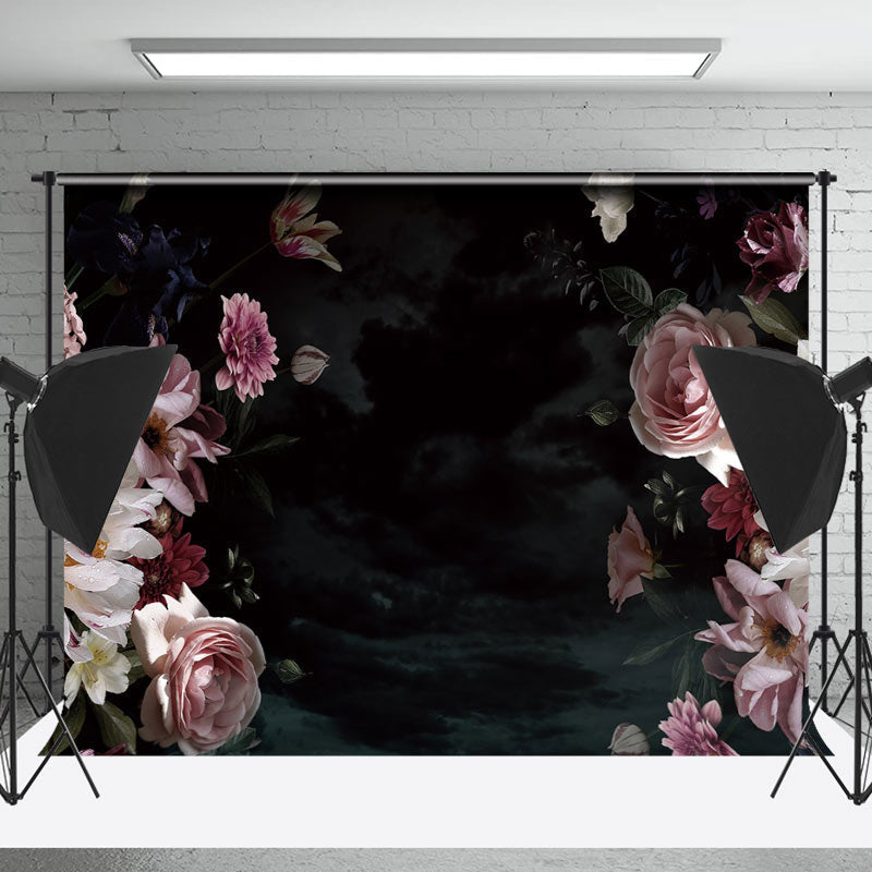 Lofaris Elegant Black Pink Floral Backdrop For Photography