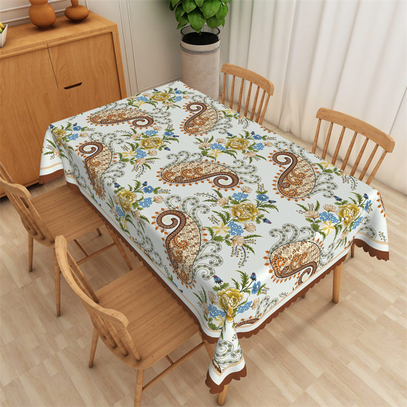 Lofaris Elegant Paisley?Floral?Blue Brown Edge Tablecloth