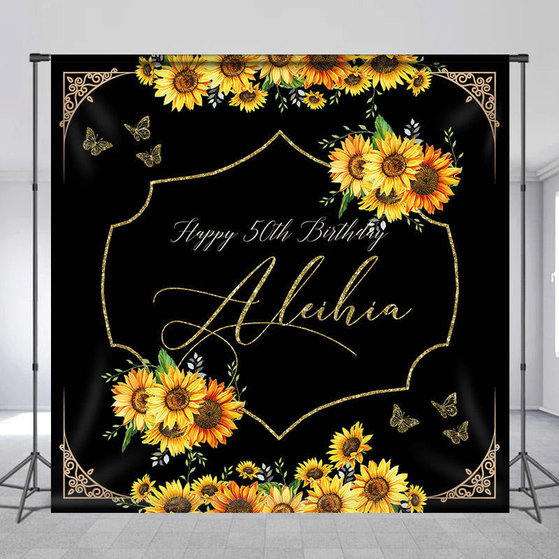 Lofaris Elegant Sunflower Black Custom 50th Birthday Backdrop