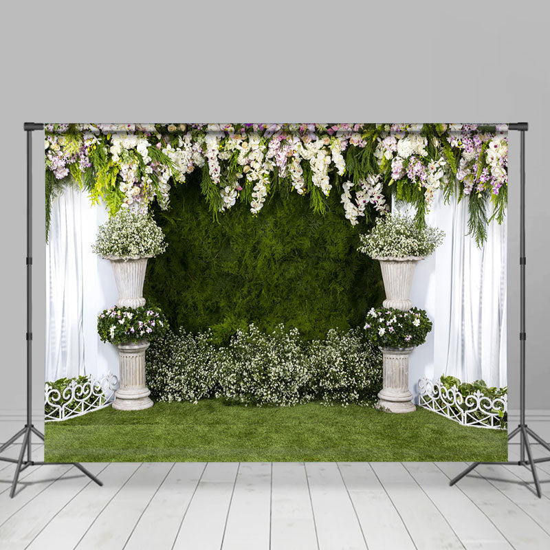 Elegant White Curtain Green Floral Wedding Backdrop - Lofaris