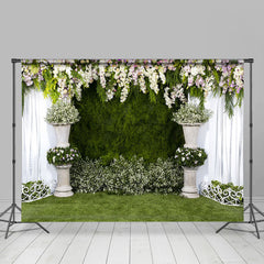 Lofaris Elegant White Curtain Green Floral Wedding Backdrop