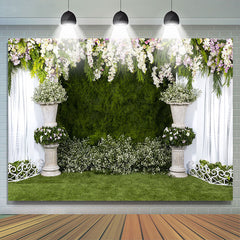 Lofaris Elegant White Curtain Green Floral Wedding Backdrop