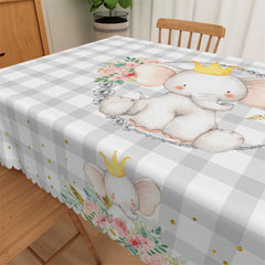 Lofaris Elephant Floral Grey White Plaid Square Tablecloth