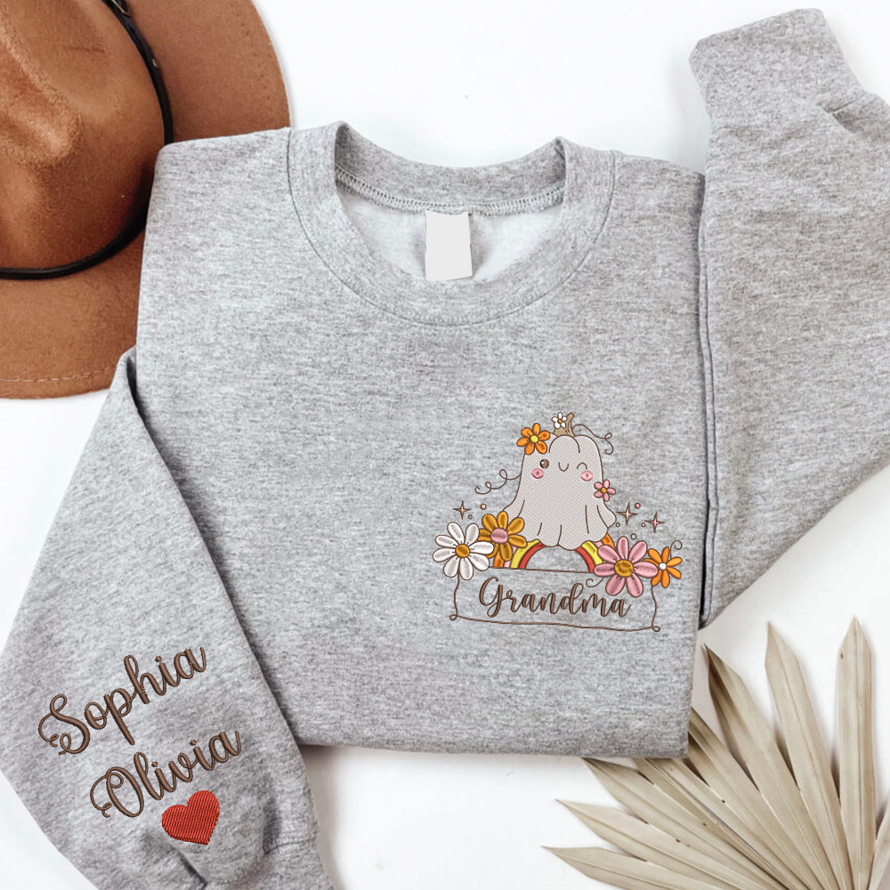 Lofaris Embroidered Boo Flower Custom Grandma Sweatshirt