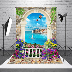 Lofaris European Door Flower Ocean Stone Wall Photo Backdrop