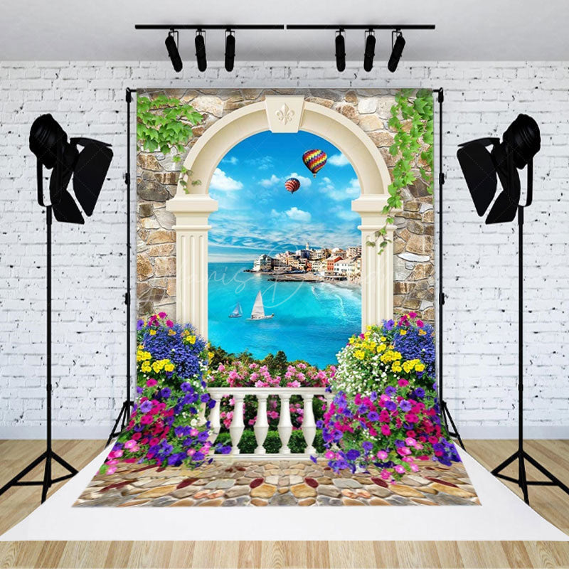 Lofaris European Door Flower Ocean Stone Wall Photo Backdrop