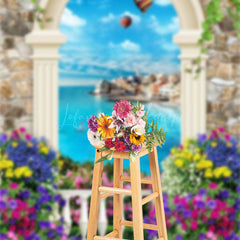 Lofaris European Door Flower Ocean Stone Wall Photo Backdrop