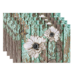 Lofaris Faded Cyan Wooden Flowers Retro Set Of 4 Placemats