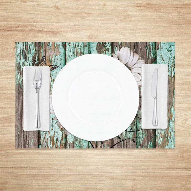 Lofaris Faded Cyan Wooden Flowers Retro Set Of 4 Placemats