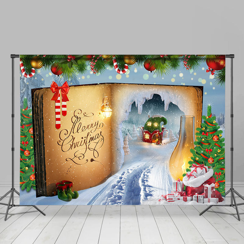 Lofaris Fairy Magic Book Xmas Tree Snowy Christmas Backdrop