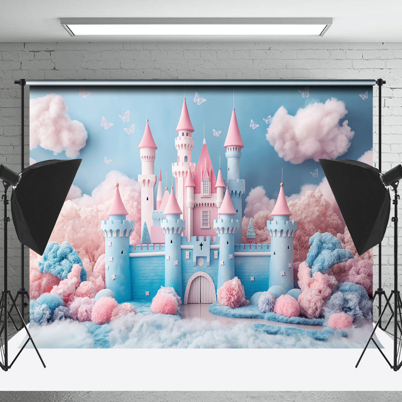 Lofaris Fairy Tale Blue Pink Castle Plush Cake Smash Backdrop