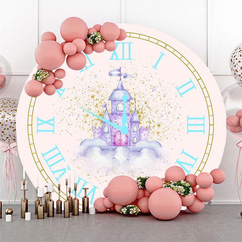 Lofaris Fairy Tale Pink Clock Castle Round Birthday Backdrop