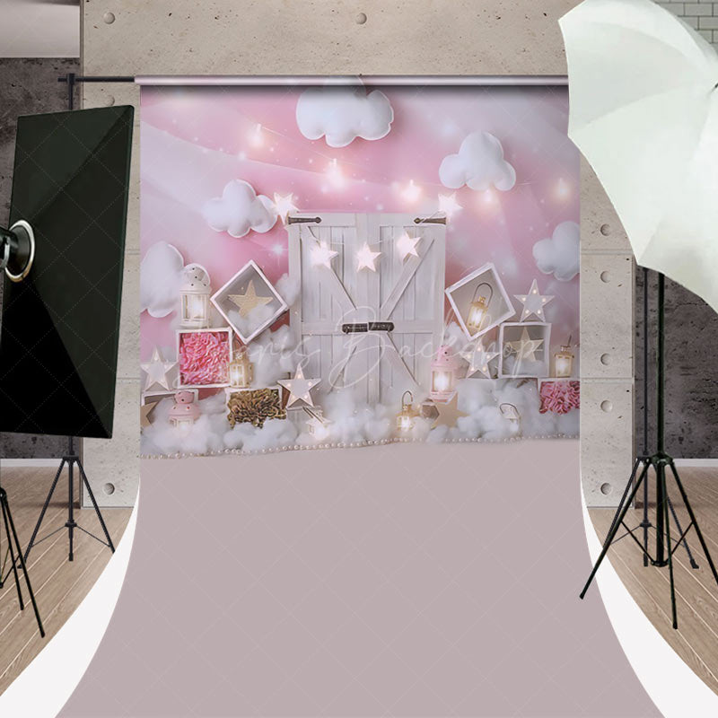 Lofaris Fairy Tale Pink Room Cloud Wood Door Sweep Backdrop