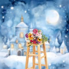 Lofaris Fairy Tale Snowy Town Moon Stars Winter Backdrop