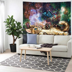 Lofaris Fantasy Galaxy Blue Butterfly Cute Cat Wall Tapestry