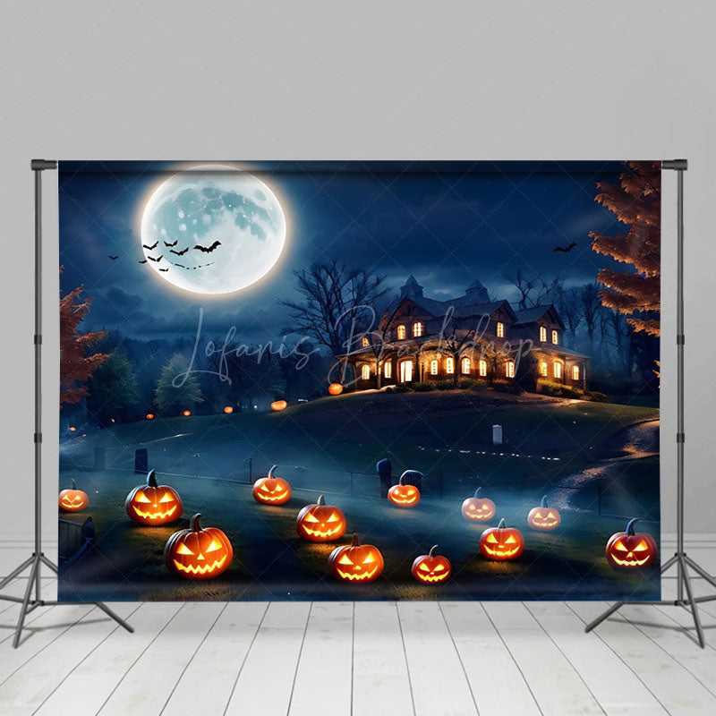 Lofaris Farm Manor Bats Night Pumpkin Happy Halloween Backdrop