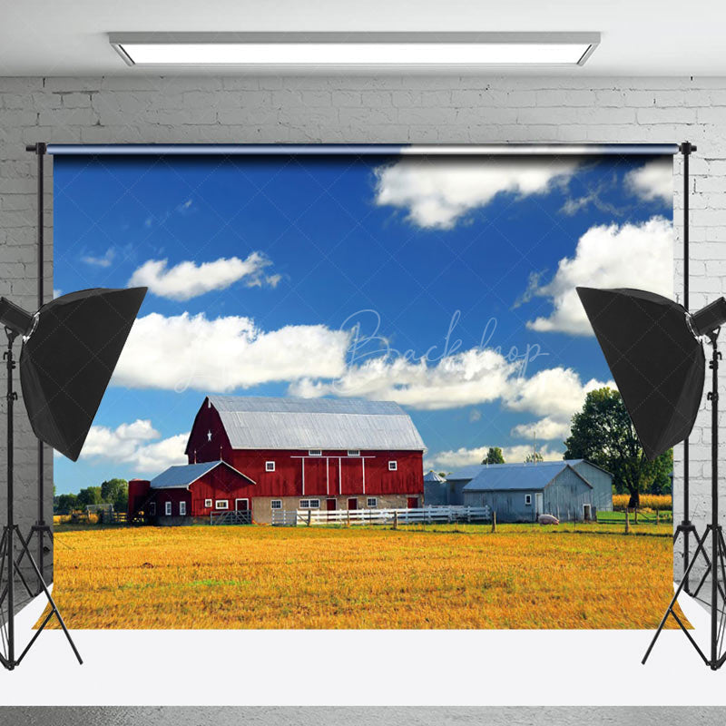 Lofaris Farm Red House Blue Sky Grass Outdoor Photo Backdrop