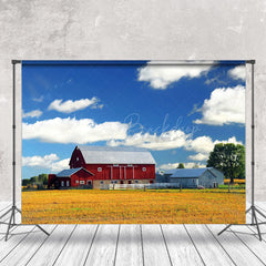 Lofaris Farm Red House Blue Sky Grass Outdoor Photo Backdrop