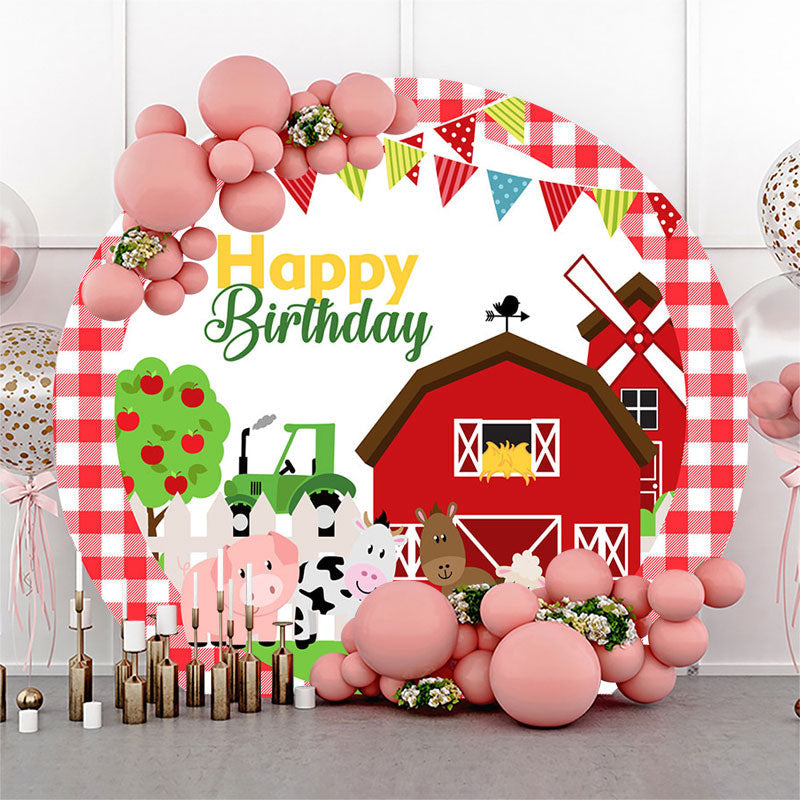 Lofaris Farmhouse Animals Red Lattice Round Birthday Backdrop