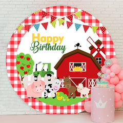 Lofaris Farmhouse Animals Red Lattice Round Birthday Backdrop