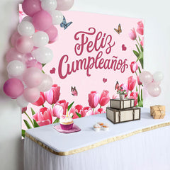 Lofaris Feliz Cumpleanos Pink Tulip Spring Birthday Backdrop