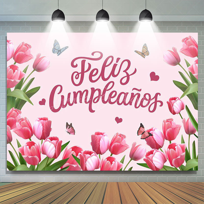 Feliz Cumpleanos Pink Tulip Spring Birthday Backdrop - Lofaris