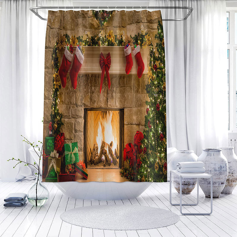 Lofaris Fireplace Cedar Sockes Gift Christmas Shower Curtain