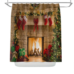 Lofaris Fireplace Cedar Sockes Gift Christmas Shower Curtain