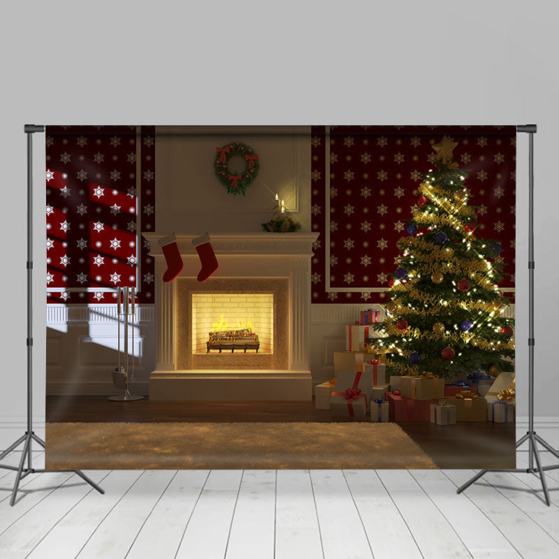 Lofaris Fireplace Tree Stocking Gifts Christmas Backdrop