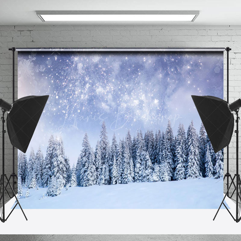 Lofaris Fireworks Snow Scene Pine Forest Photography Backdrop