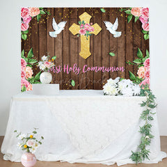 Lofaris First Communion Floral Wooden Wall Baptism Backdrop