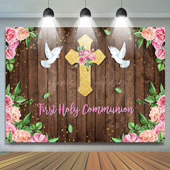 Lofaris First Communion Floral Wooden Wall Baptism Backdrop