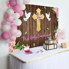 Lofaris First Communion Floral Wooden Wall Baptism Backdrop