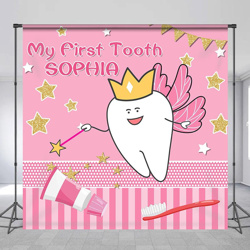 Lofaris First Tooth Pink Custom Name 1st Birthday Backdrop