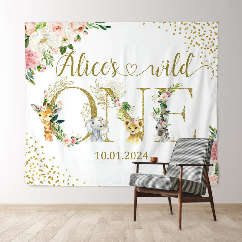 Lofaris Floral Animals White Custom 1st Birthday Backdrop