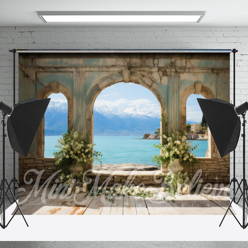 Lofaris Floral Arch Door Seaside Photo Retro Wall Backdrop