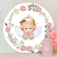 Lofaris Floral Baby Angel Girl Baptism Round Backdrop Cover