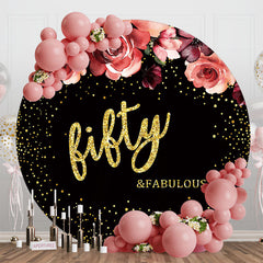 Lofaris Floral Black Golden Round 50th Birthday Backdrop