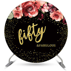 Lofaris Floral Black Golden Round 50th Birthday Backdrop