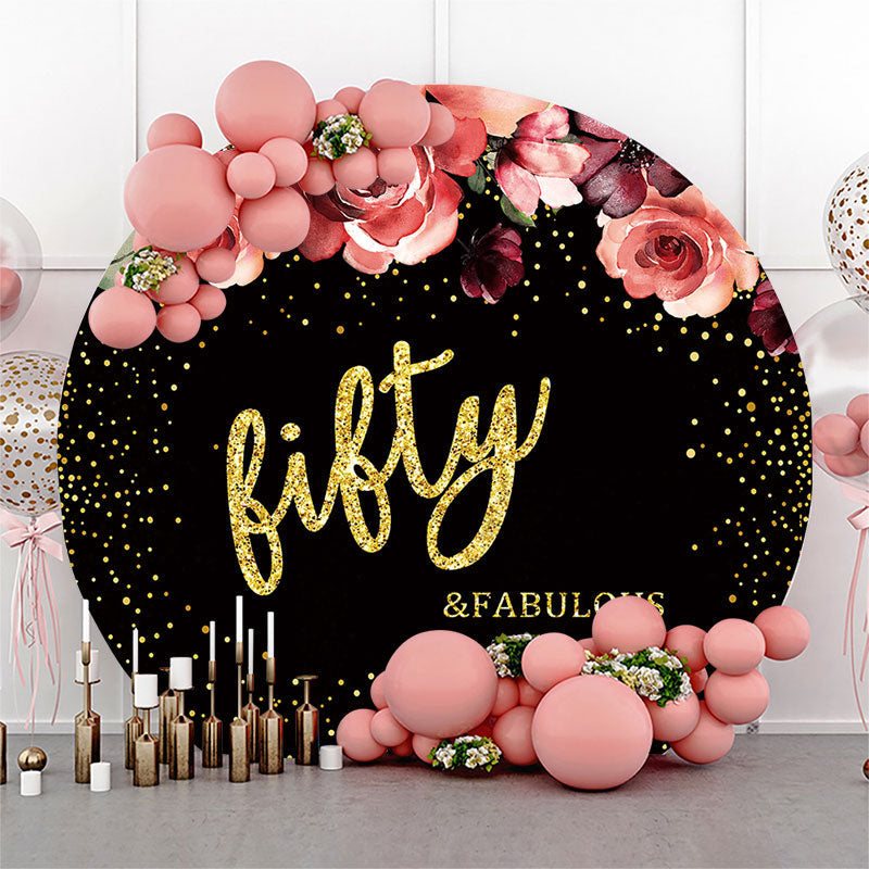 Lofaris Floral Black Golden Round 50th Birthday Backdrop