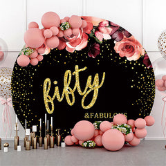 Lofaris Floral Black Golden Round 50th Birthday Backdrop