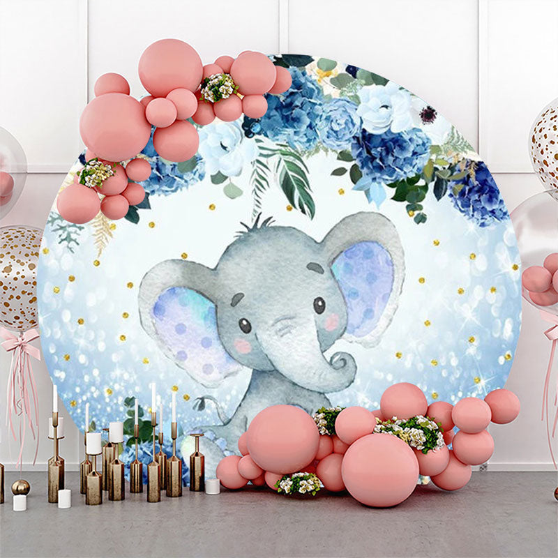 Lofaris Floral Blue Elephant Dot Round Baby Shower Backdrop