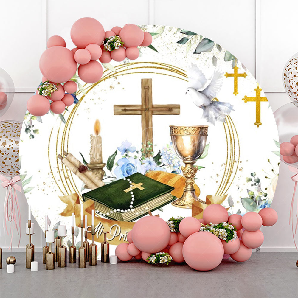 Lofaris Floral Cross Dove Holy Grail Round Baptism Backdrop