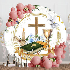 Lofaris Floral Cross Dove Holy Grail Round Baptism Backdrop